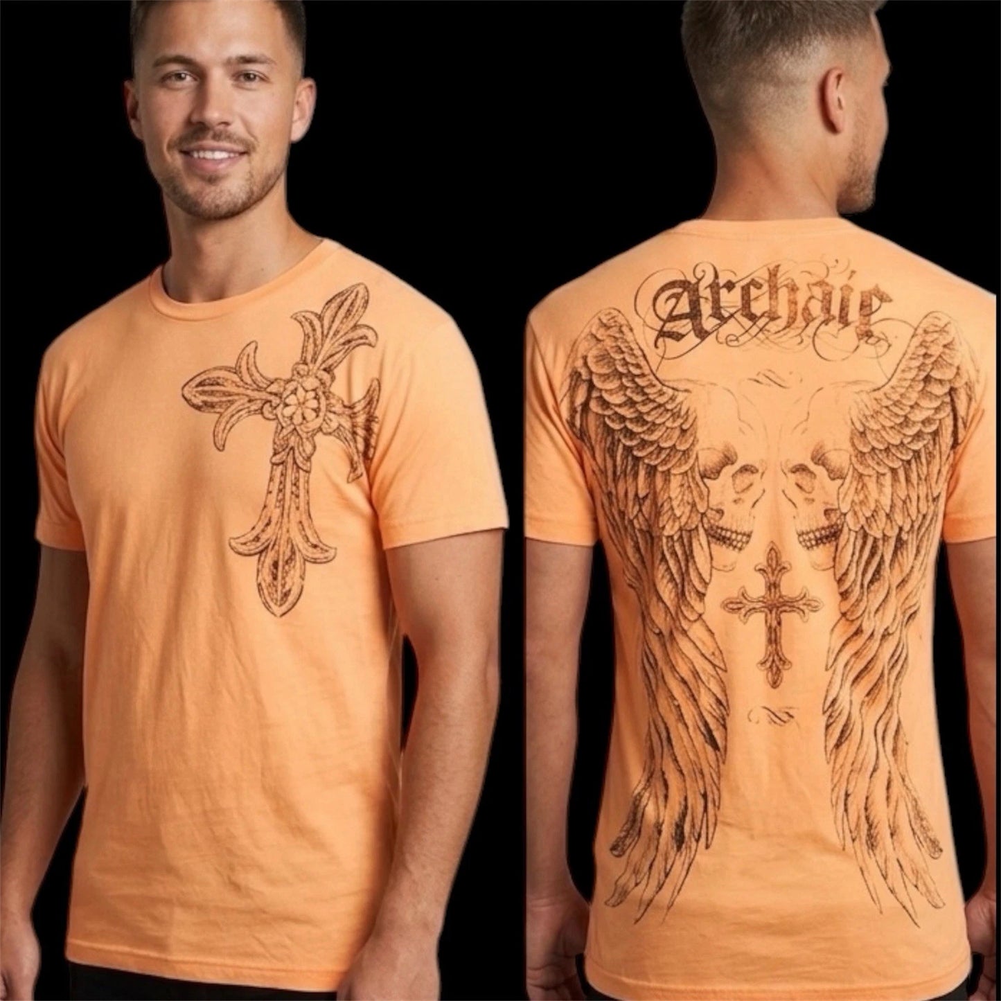 ARCHAIC by AFFLICTION Orange Black BLASTER Short Sleeve Slim Fit Y2K T-shirt NWT