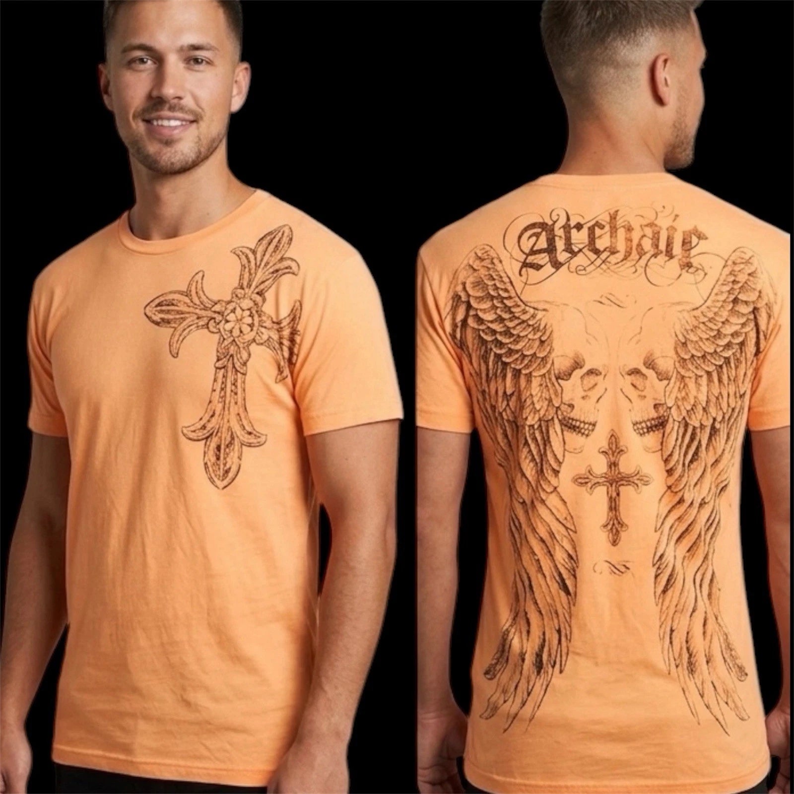 ARCHAIC by AFFLICTION Orange Black BLASTER Short Sleeve Slim Fit Y2K T-shirt NWT
