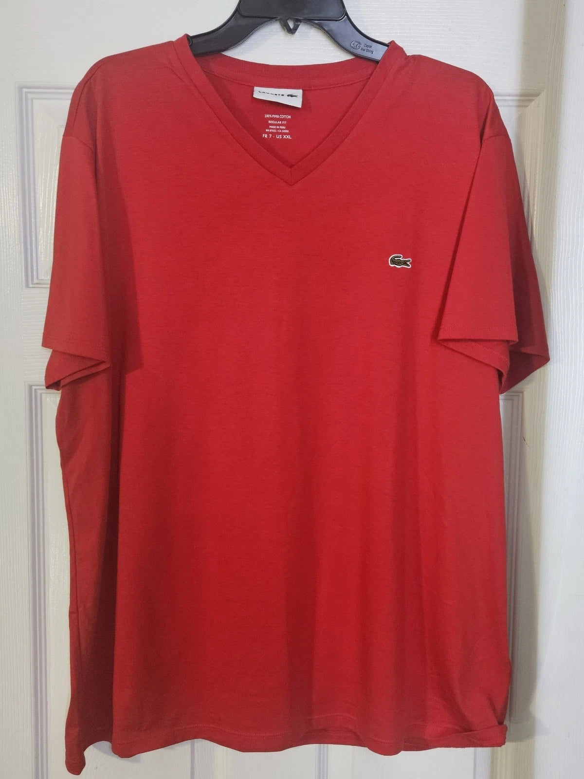 Lacoste Mens Red V-Neck Pima Cotton Regular Fit T-Shirt, Size 7 US XXL