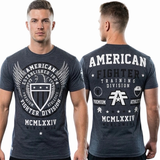 AMERICAN FIGHTER Navy Blue Heather BELIEVE Athletic Graphic T-shirt NWT