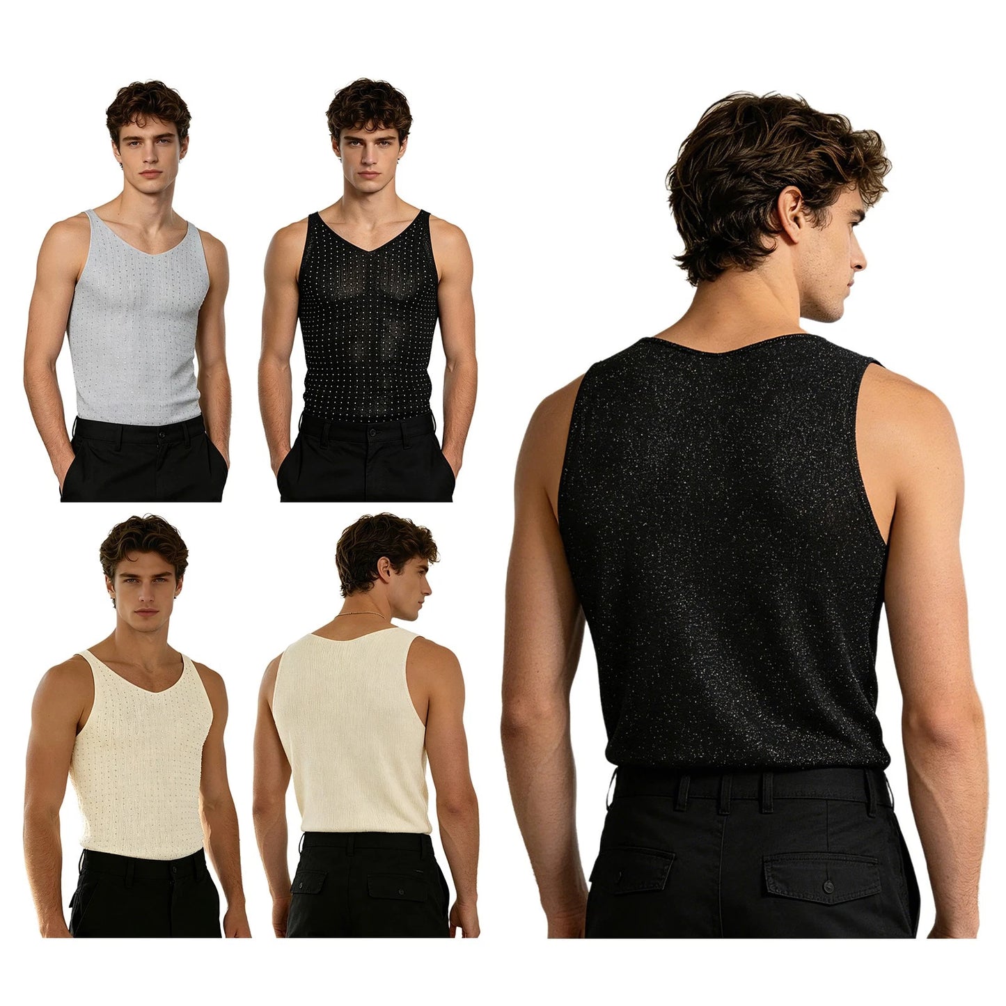 Men Tops Outdoor Tank Top V-neck Vest Party Shimmery Stage Rhinestone Night