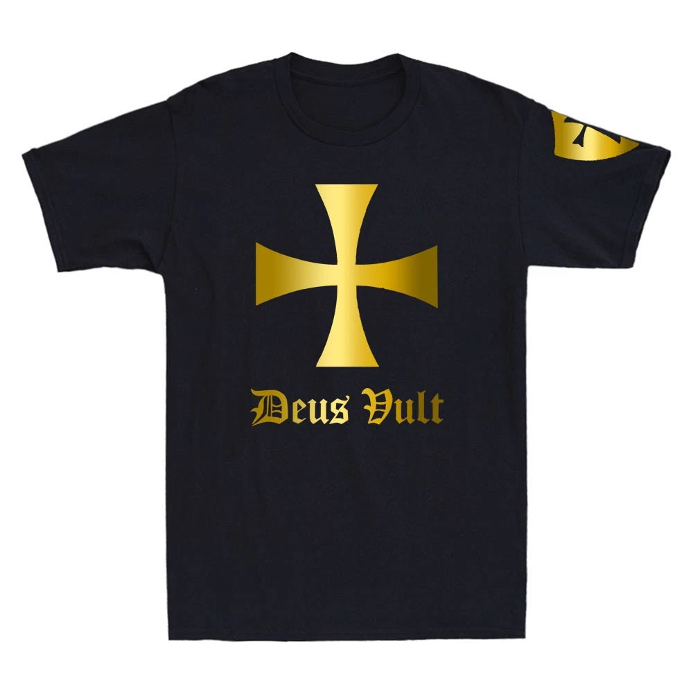 Deus Vult Knights Templar Cross Shirt Crusader Golden Print Novelty Mens T-Shirt