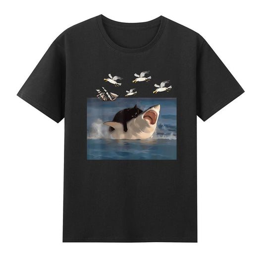Cat Biting Shark Funny Cat And Shark Graphic Meme T-Shirt