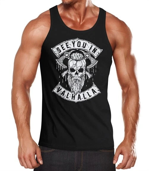 Mens Tank Top See You in Valhalla Viking Skull Muscle Shirt