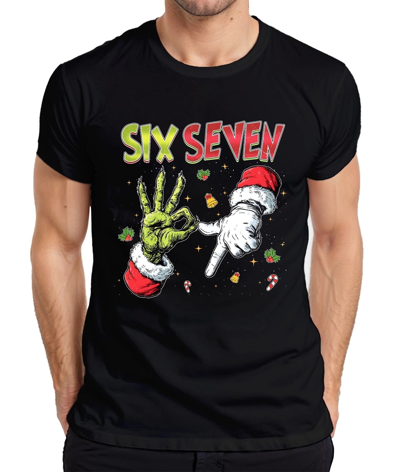 SIX SEVEN Grinch Italian Brain Red 6 7 Hand Sign Christmas Meme Mens T-Shirt