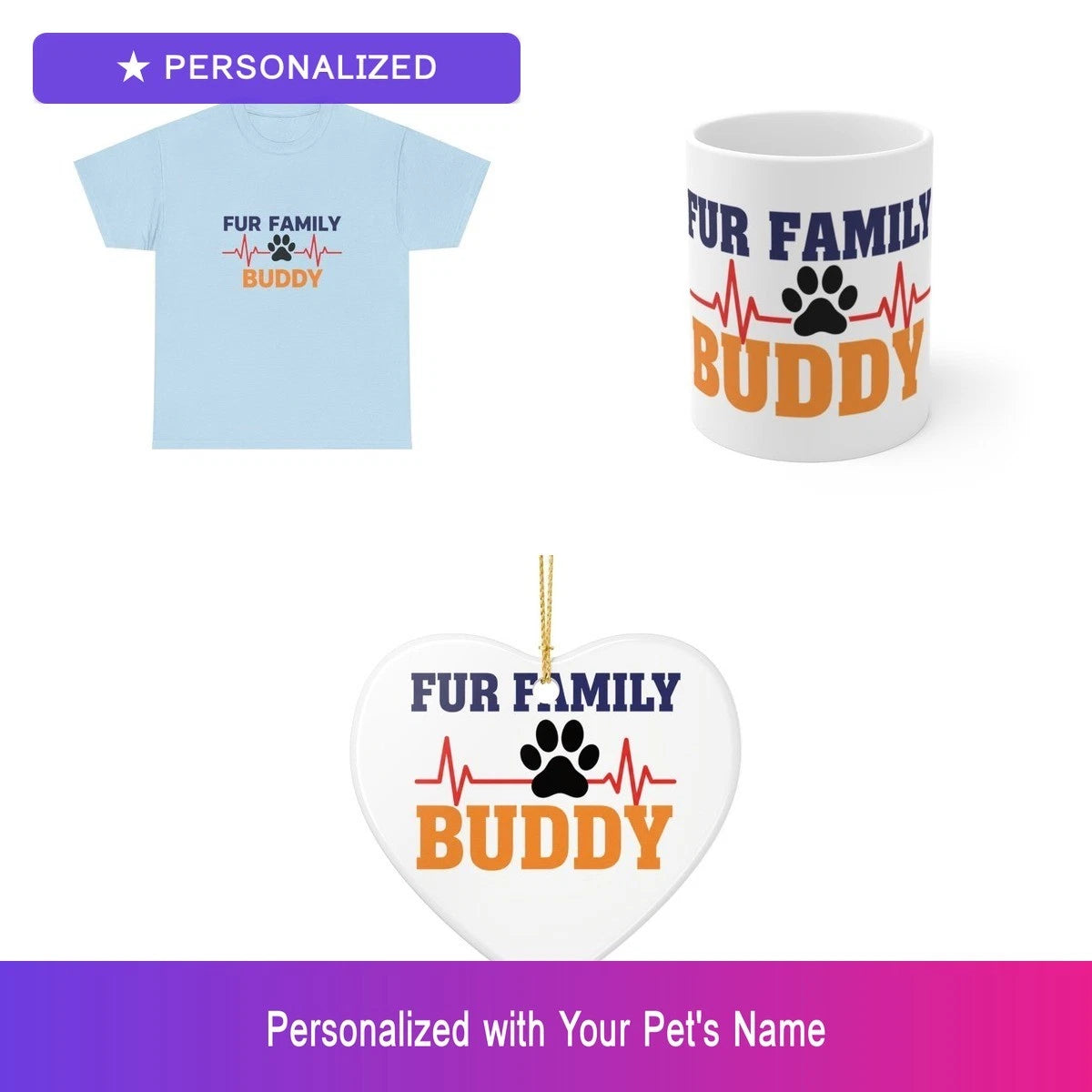 Custom Pet Heartbeat Gift Set Shirt Mug Ornament Personalized Name Bundle