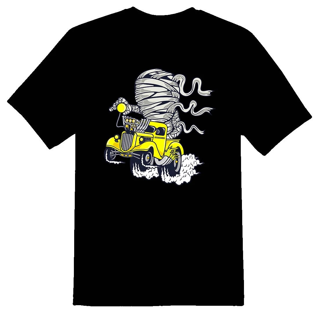 Mummy racer yellow hotrod drag  truck Tee shirt black or white