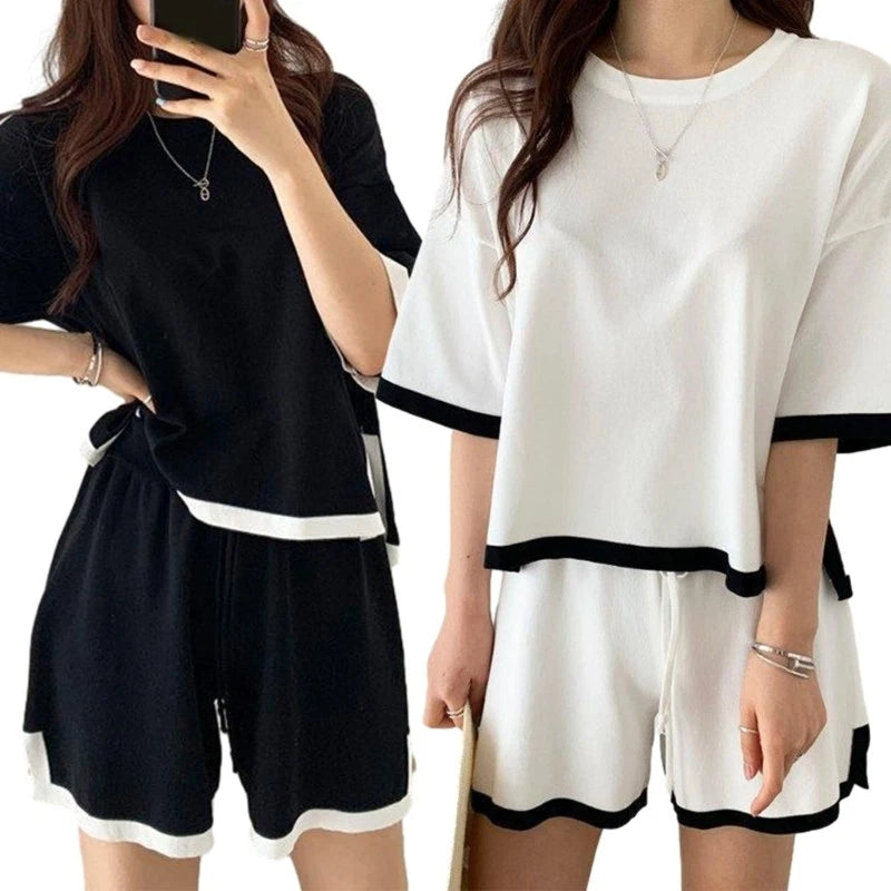Solid Color Fashion Short Sleeves Set O-neck Shirts for Daily Office Wearing