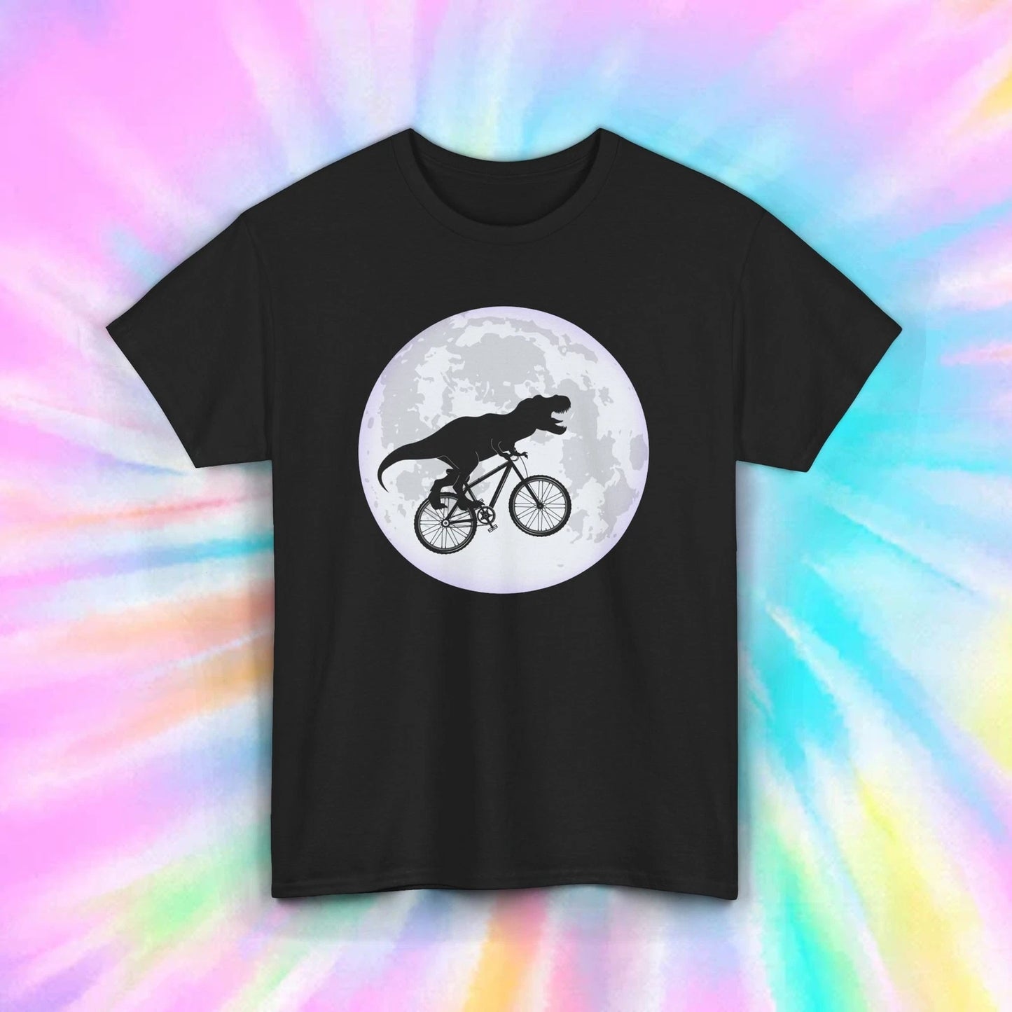 T-Rex Riding Bicycle T-Shirt S-5XL Funny Dinosaur Gift Retro Moon Cycling Tee