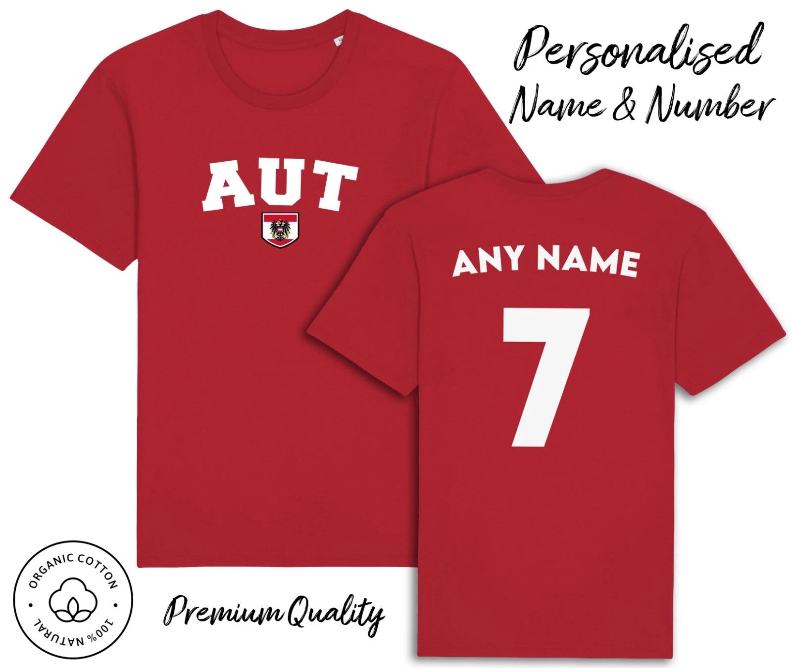 Austria AUT T-Shirt 2026 Personalised Name & No Adult Kids Baby, Football