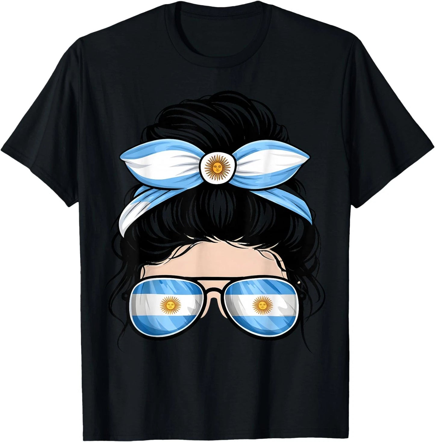 Argentina Soccer Fan Messy Bun Flag Sunglasses T-Shirt