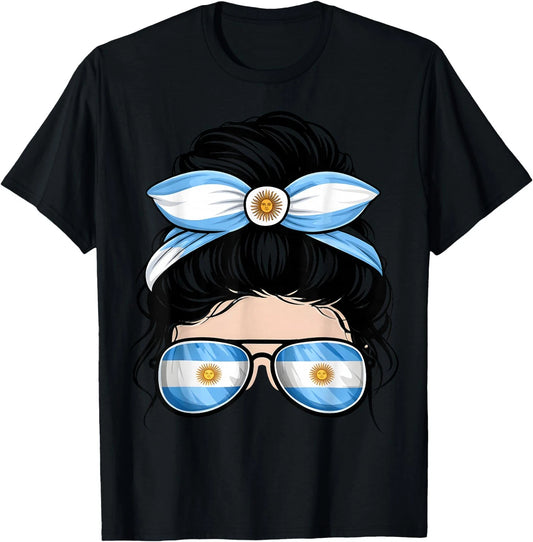 Argentina Soccer Fan Messy Bun Flag Sunglasses T-Shirt