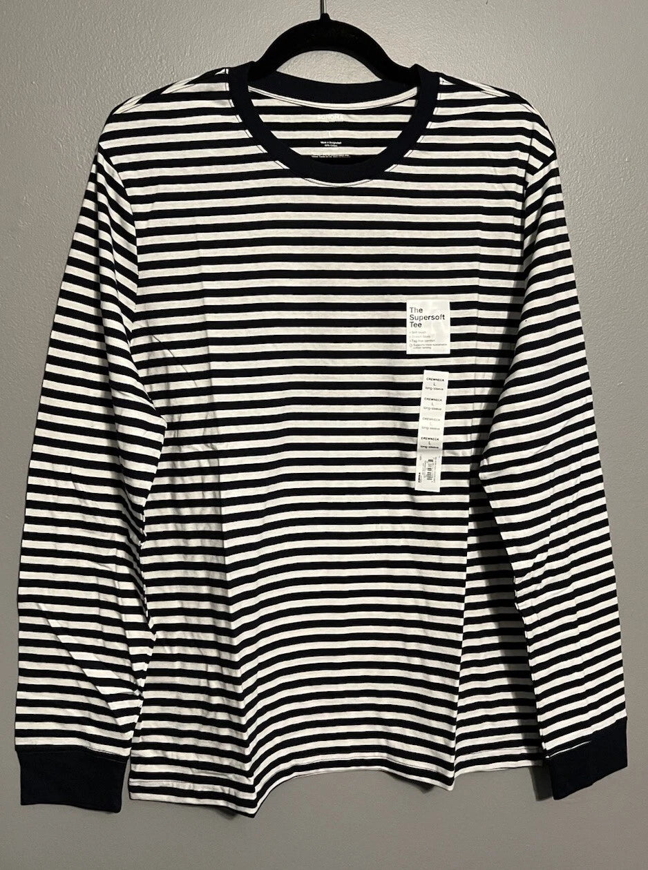 Sonoma Men’s Large Navy Blue Striped Long Sleeve Tee Stretch Knit Shirt