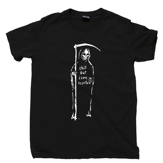 Grim Reaper T Shirt Chill Out I Came To Party Costume Scythe Tattoo Tee
