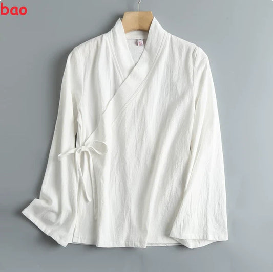 Cotton long sleeved cross collar tie for spring and summer women's daily wear