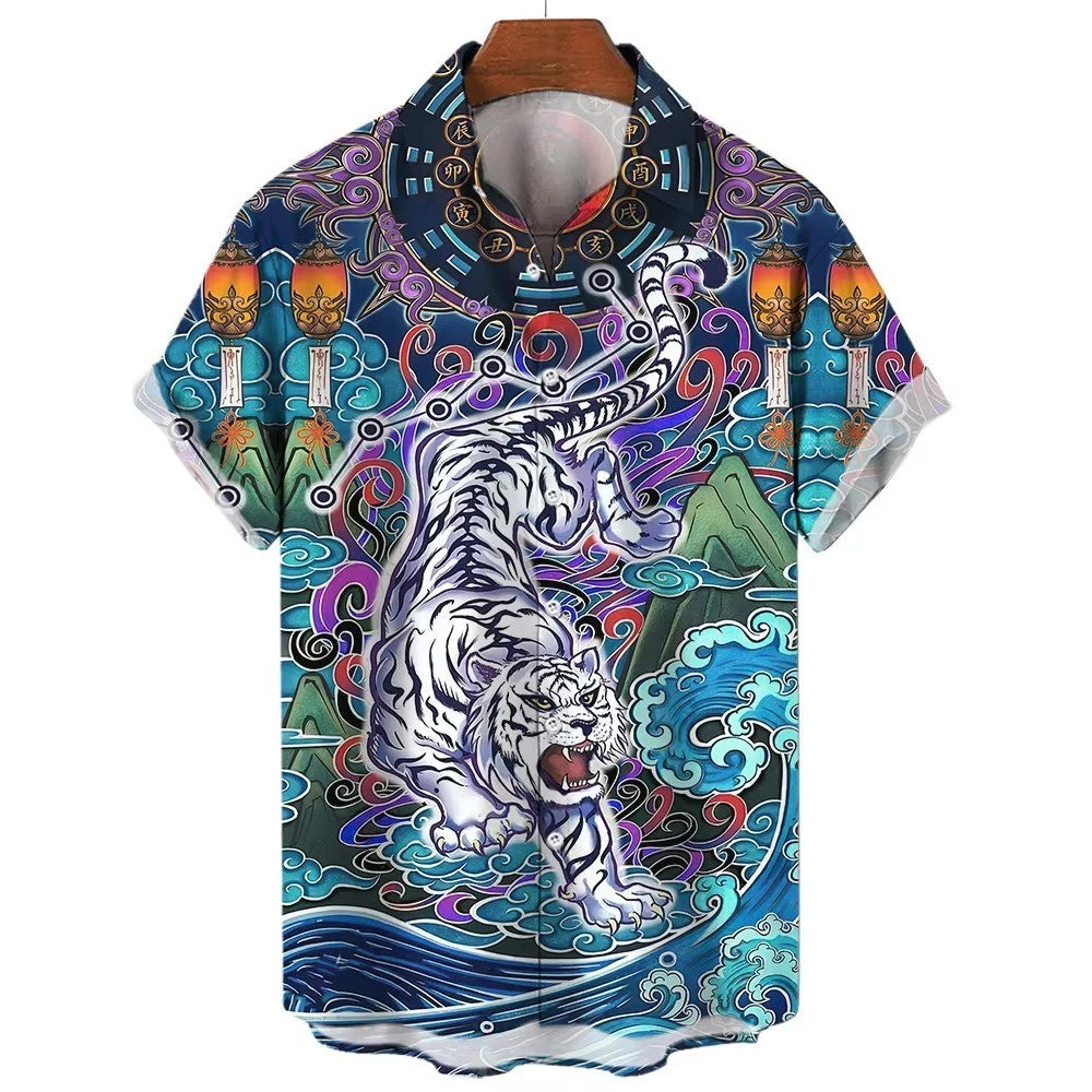 Mens Button Down White Tiger Oriental Print Hawaiian Top Novelty Holiday Shirt