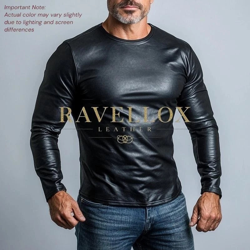 Men’s Black Genuine Leather T-Shirt – Slim Fit Long Sleeve Luxury Casual Top