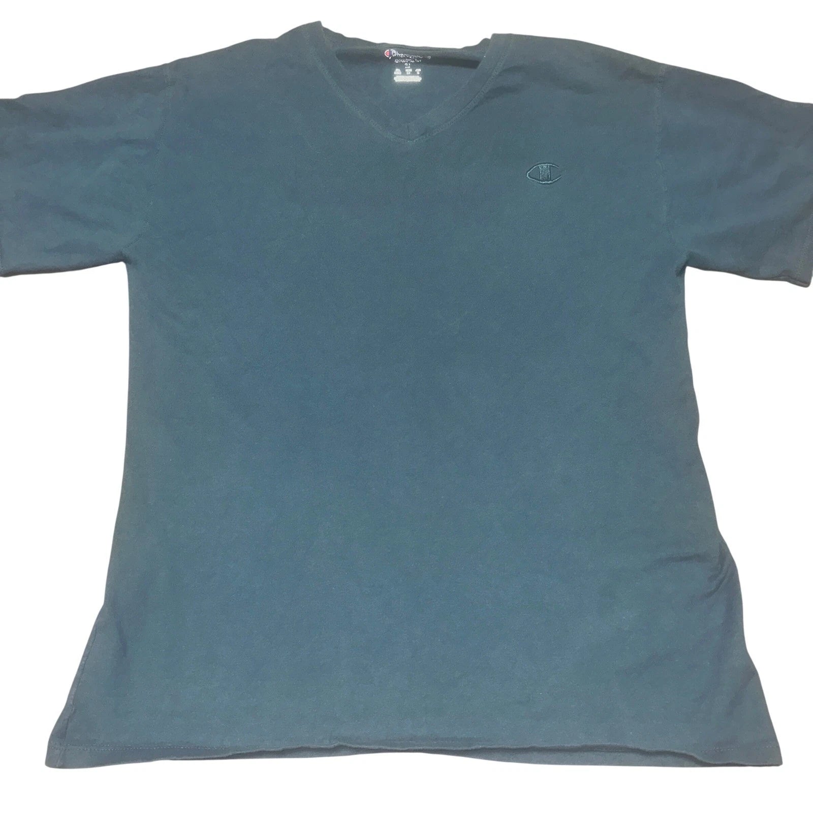Champion Mens Solid V-Neck T-Shirt Medium Teal Blue Embroidered Logo Tee