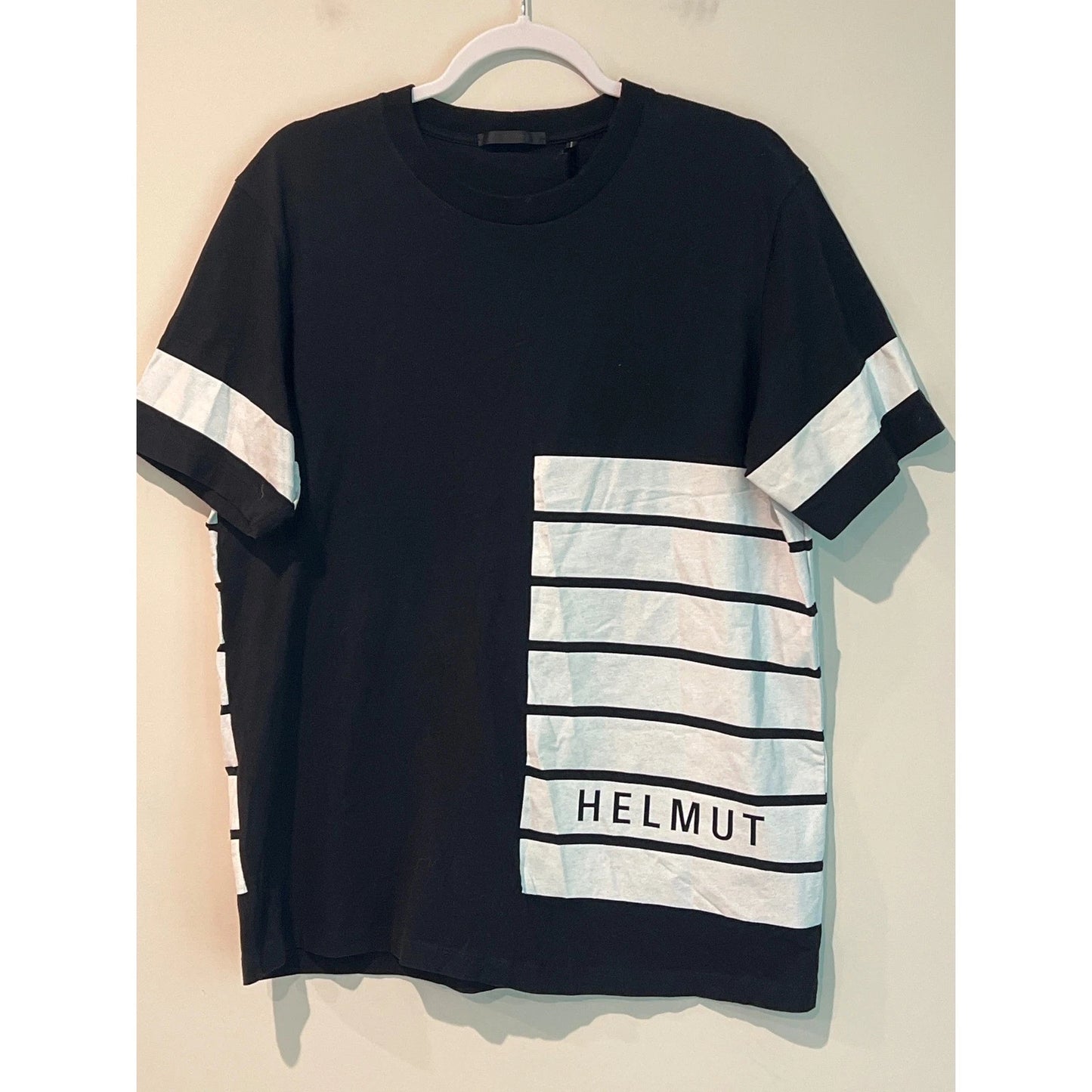 Helmut Lang Mens Black White Striped Graphic Logo T-Shirt Size L Streetwear Bold