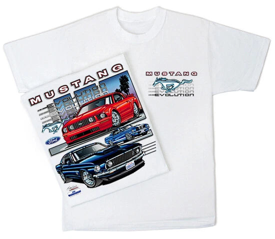 Mustang Evolution (41) Men's White Cotton T-shirt.  Ford Mustang