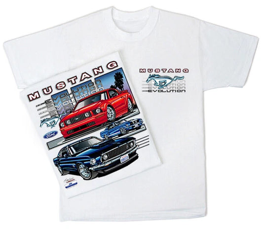 Mustang Evolution (41) Men's White Cotton T-shirt.  Ford Mustang