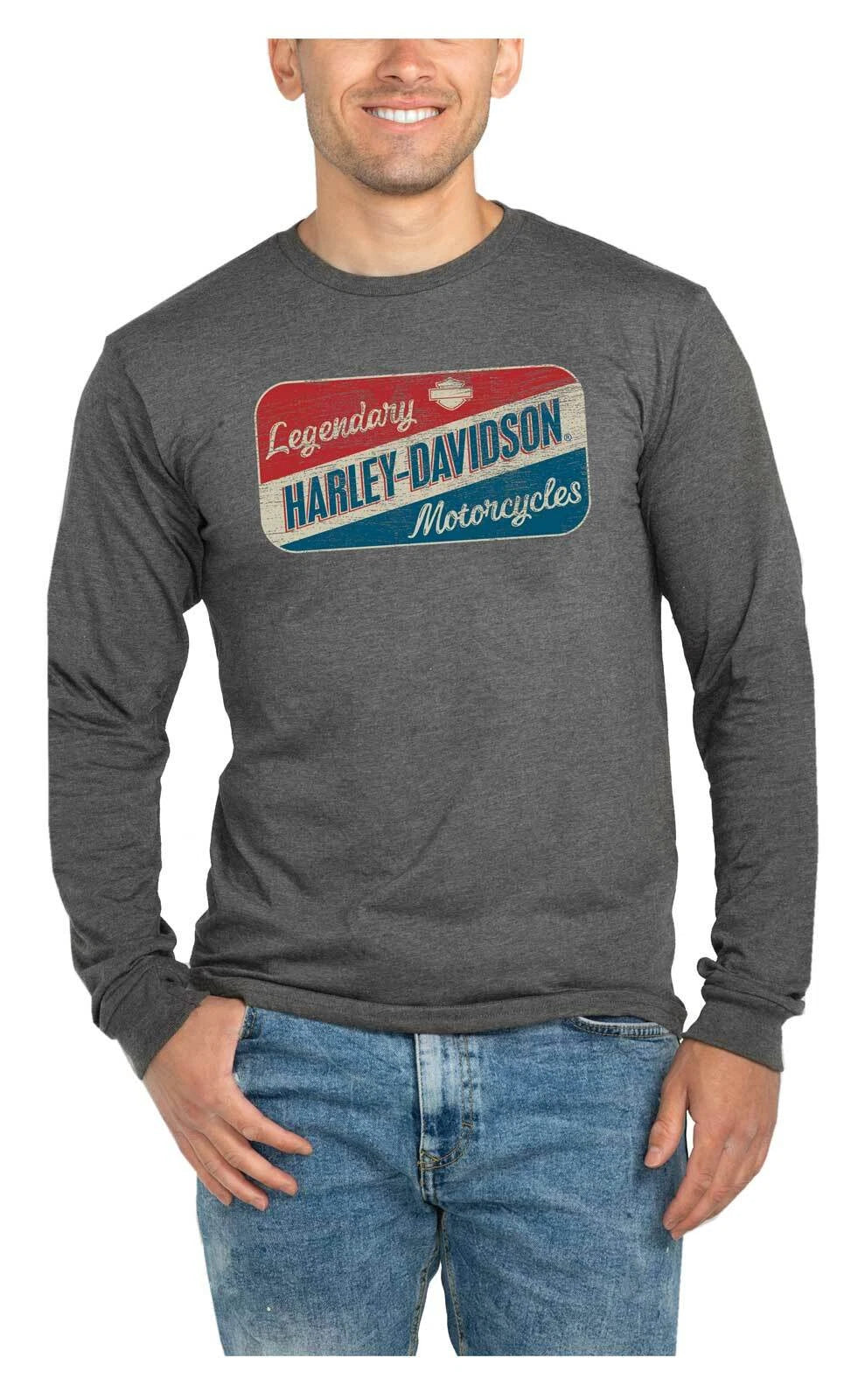 Harley-Davidson Men's Oil Sign Long Sleeve Crew-Neck Shirt - Heather Gray