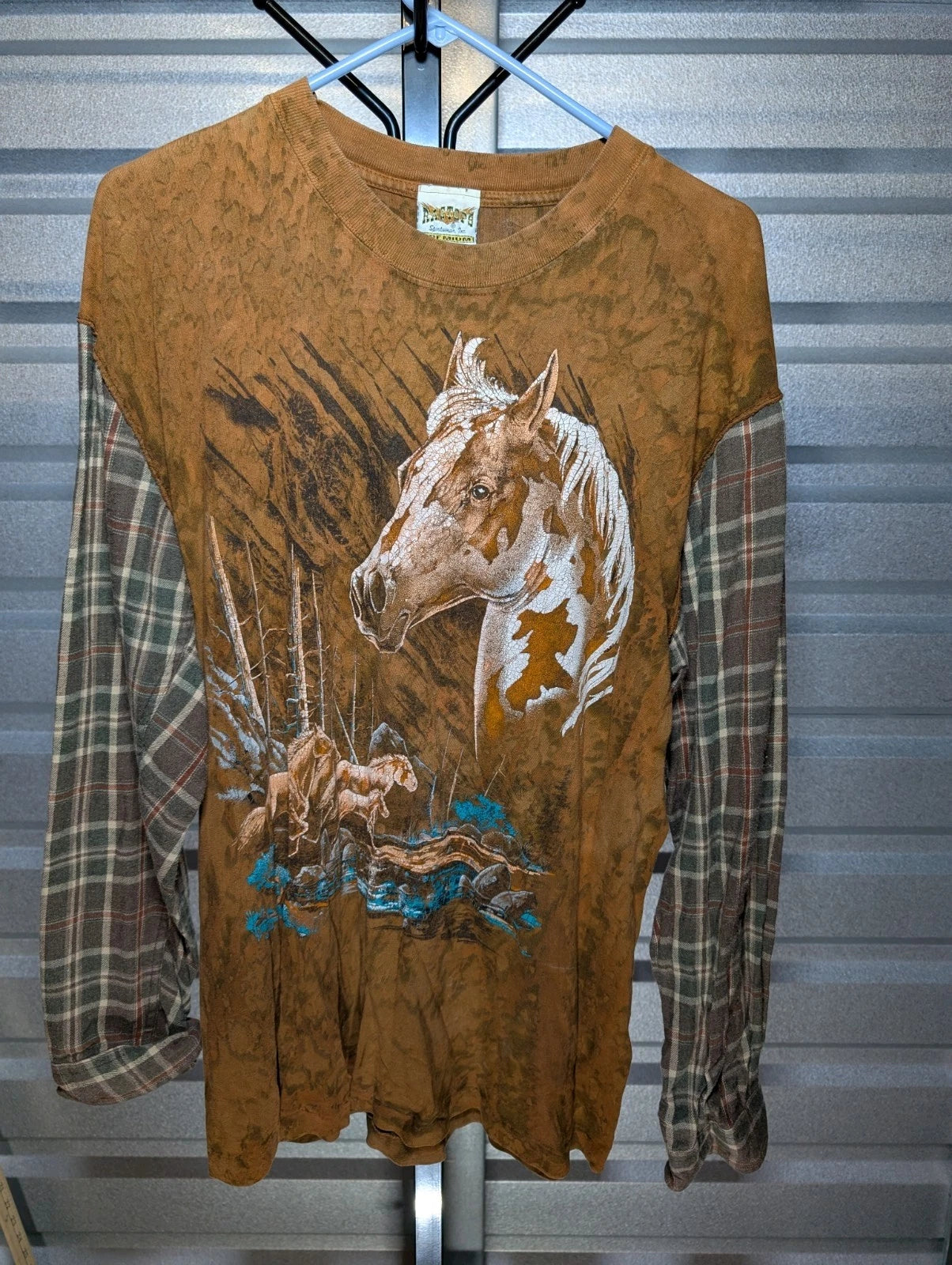 Vintage Custom Flannel Horse Graphic LS Shirt Medium  Made by Ragtops 90s!!