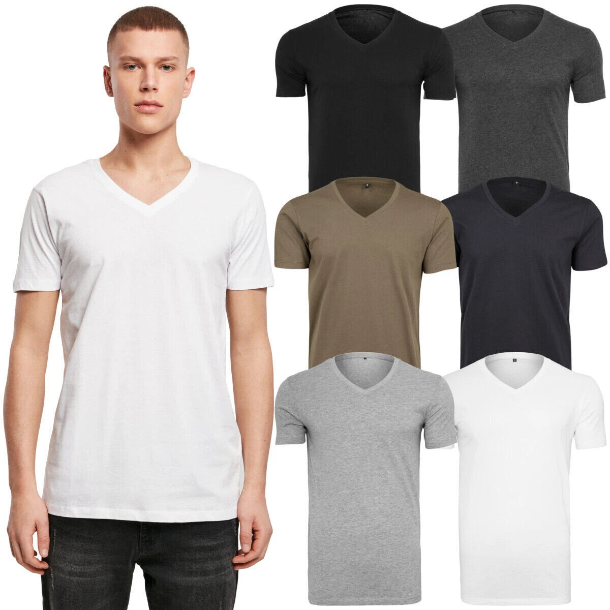 T-Shirt Col En V Build your Brand Léger Coton Imprimable Jersey Simple Homme