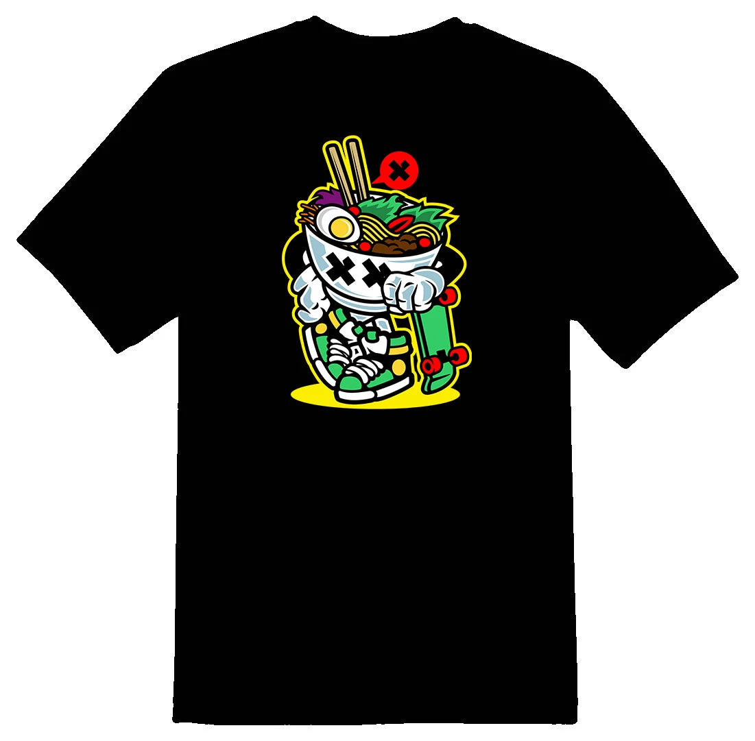 Ramen style noodles skateboard skateboarding Tee shirt black or white