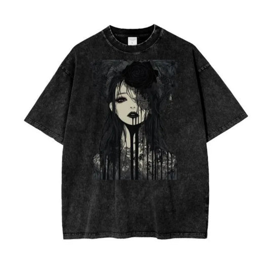 Dark Gothic Anime AcidWash Tee  Rose Drip Graphic Oversized Unisex TShirt-
