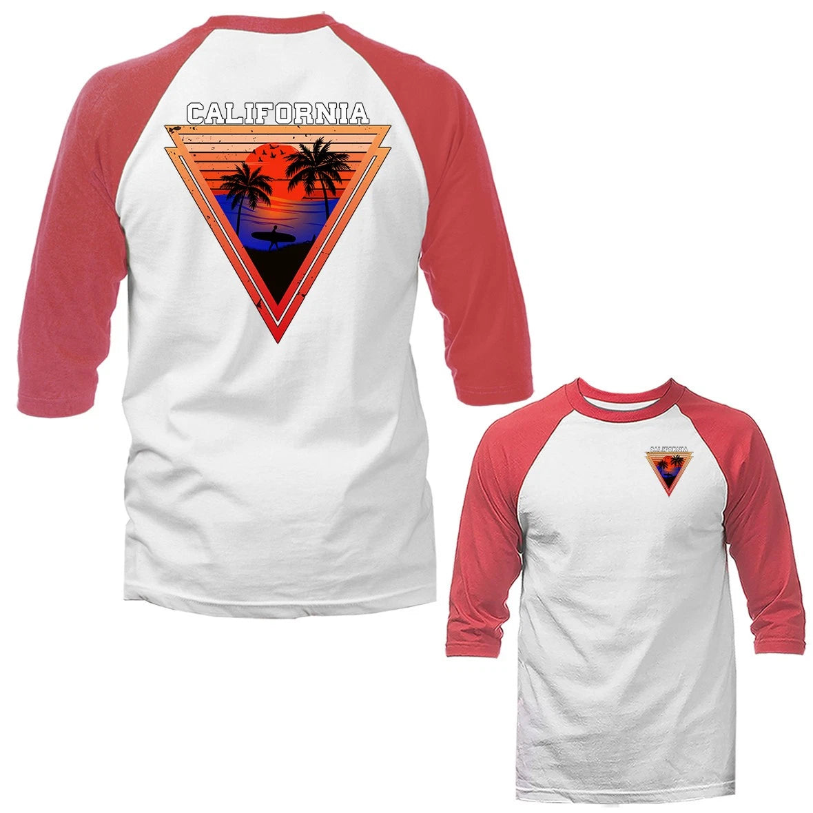 California Sunset Surf Palm Tree Triangle Graphic 3/4 Sleeve Raglan