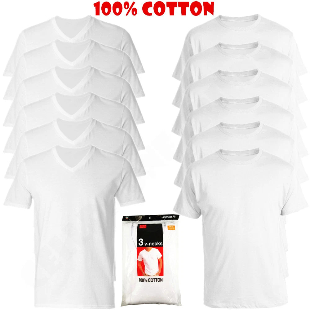 6 Pack Men's V/Crew Neck 100% Cotton Tagless T-Shirt Undershirt Tee White S-XL