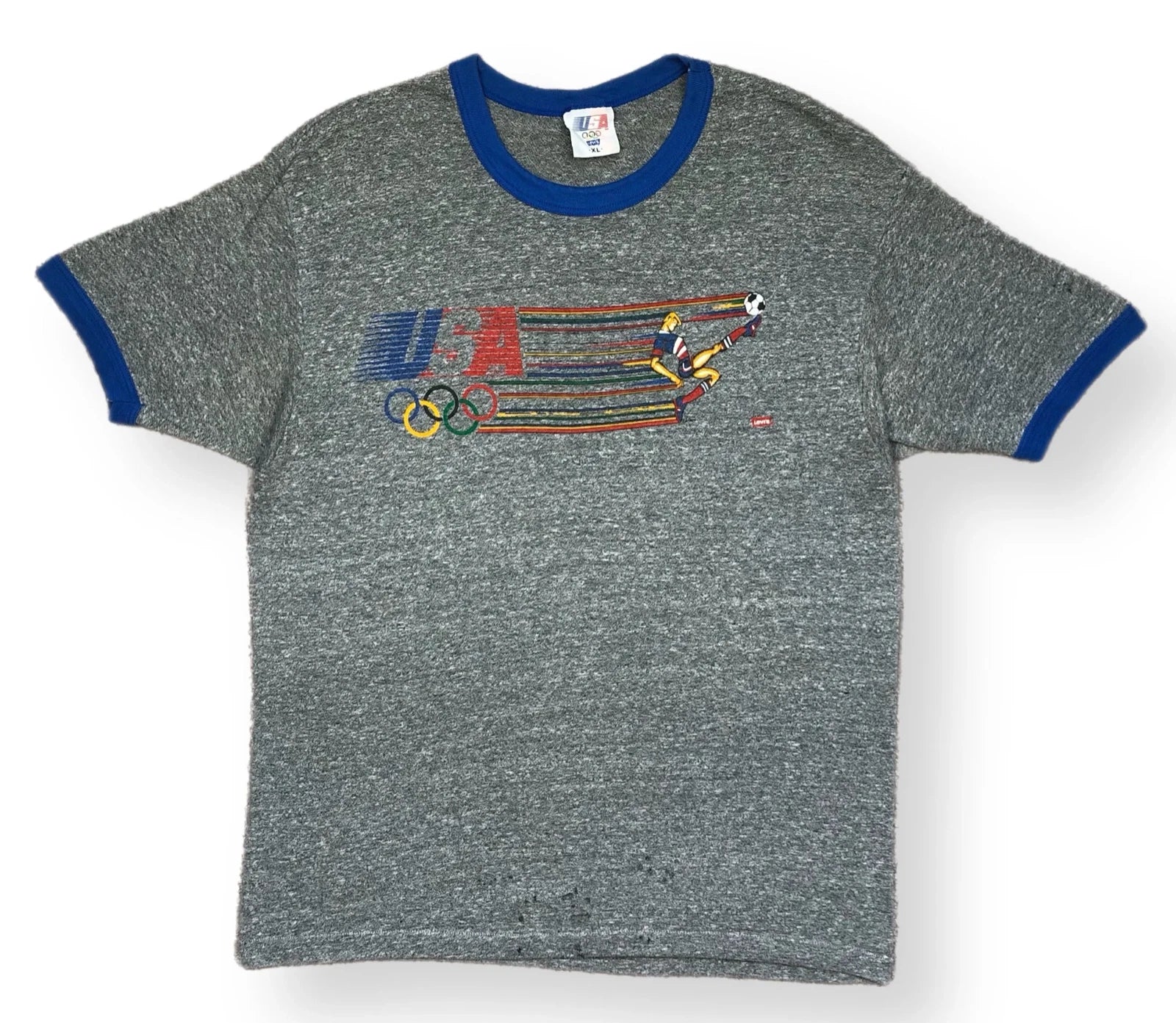 Vintage 1984 Olympic Games LA Levis USA Soccer Graphic Ringer T-Shirt Size XL