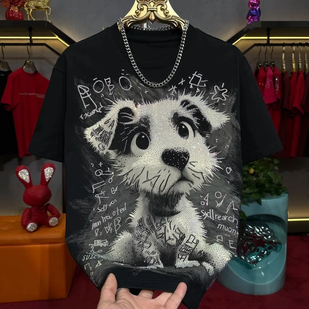 New Men Luxury Diamond Dog Rhinestones Fashion T-Shirt High Quality 6 Colors