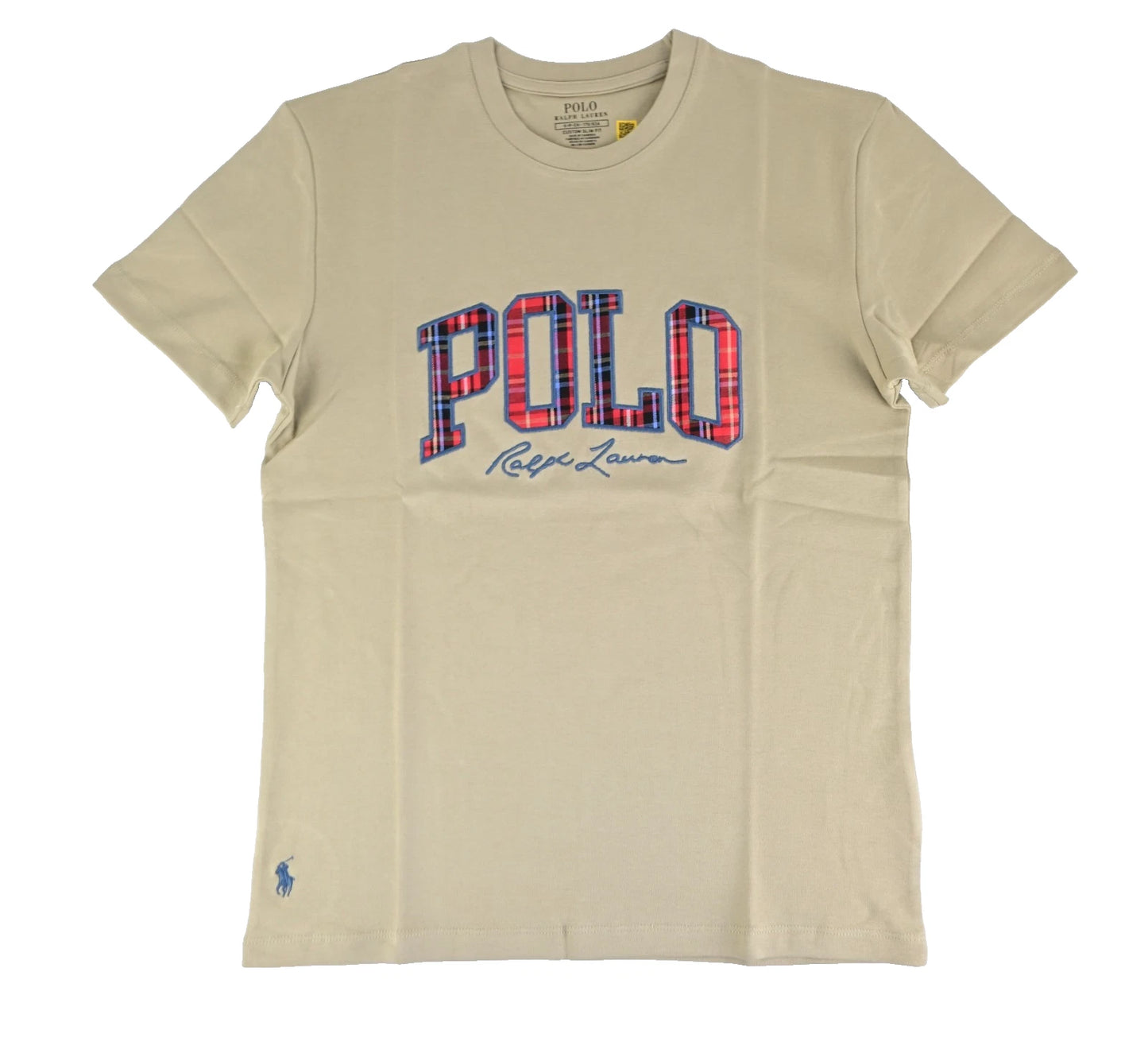 Polo Ralph Lauren Men’s T-Shirt Custom Slim Fit Tan Beige Red Plaid Logo Tee