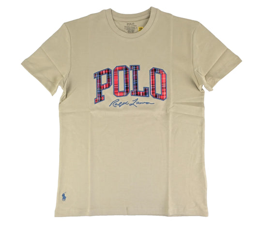 Polo Ralph Lauren Men’s T-Shirt Custom Slim Fit Tan Beige Red Plaid Logo Tee