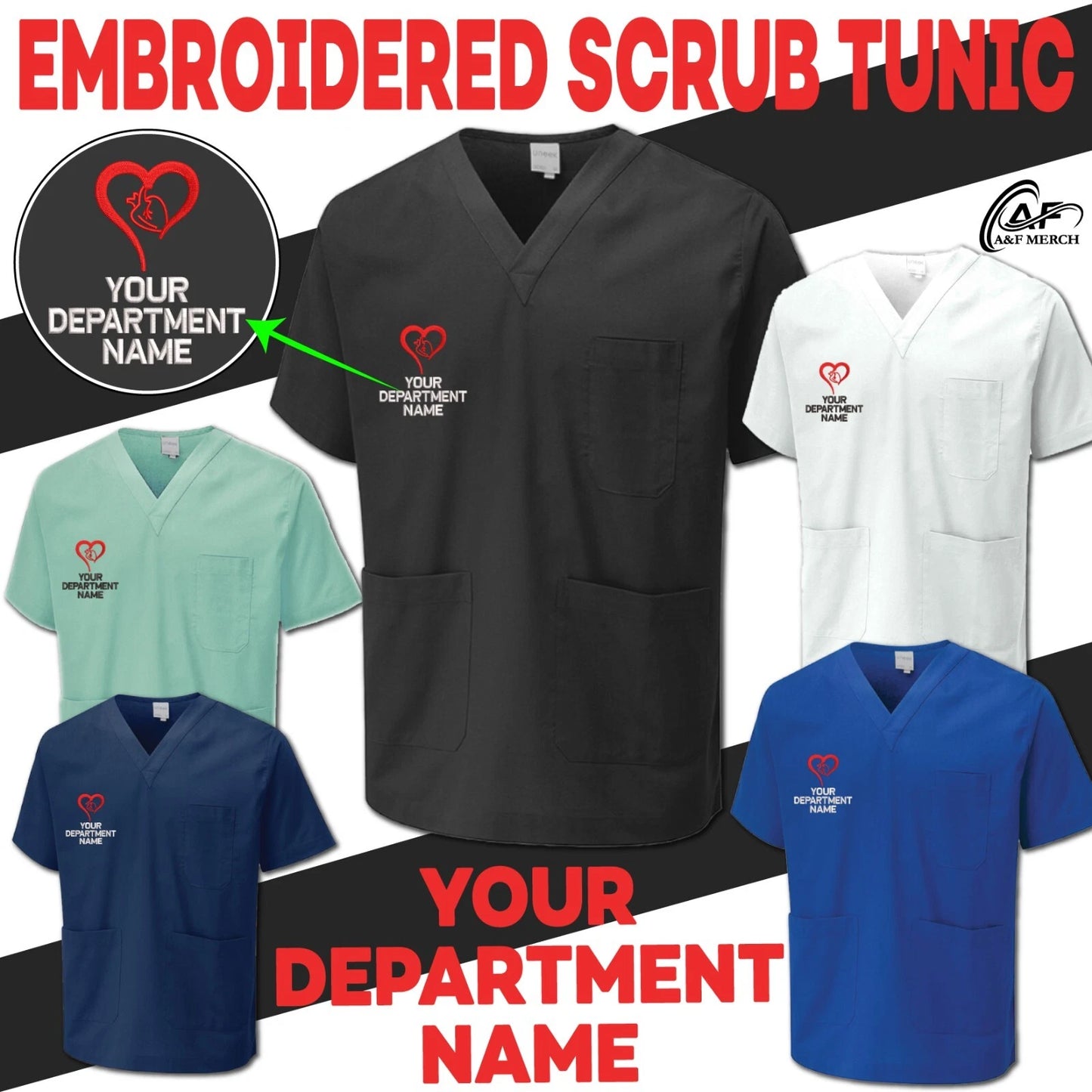 Personalised Custom Embroidered Scrub Tunic Heart Your Department Name Doctor