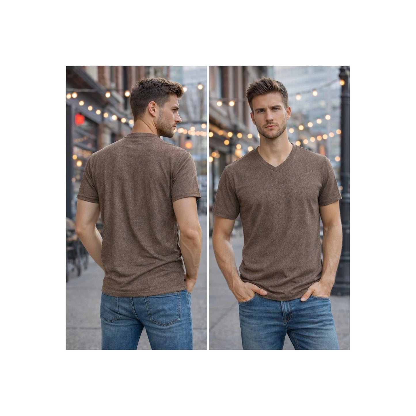 Men's Heather Brown Cotton T-Shirt   V-Neck Short Sleeve Casual Tee