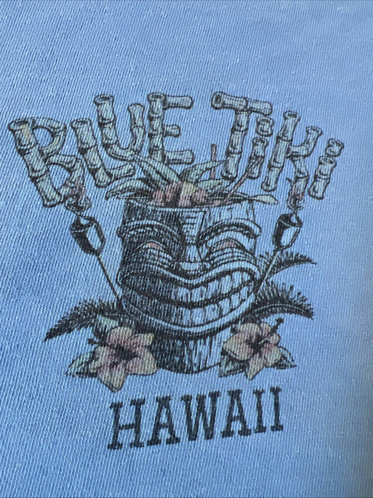 Blue Tiki Bamboo Lettering Hawaii Beachside Bar Crazy Shirts Shirt XL Vintage