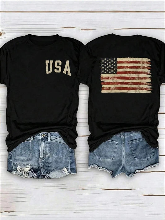 Short Sleeve T-Shirt With American Flag And Slogan Print Graphic Tees