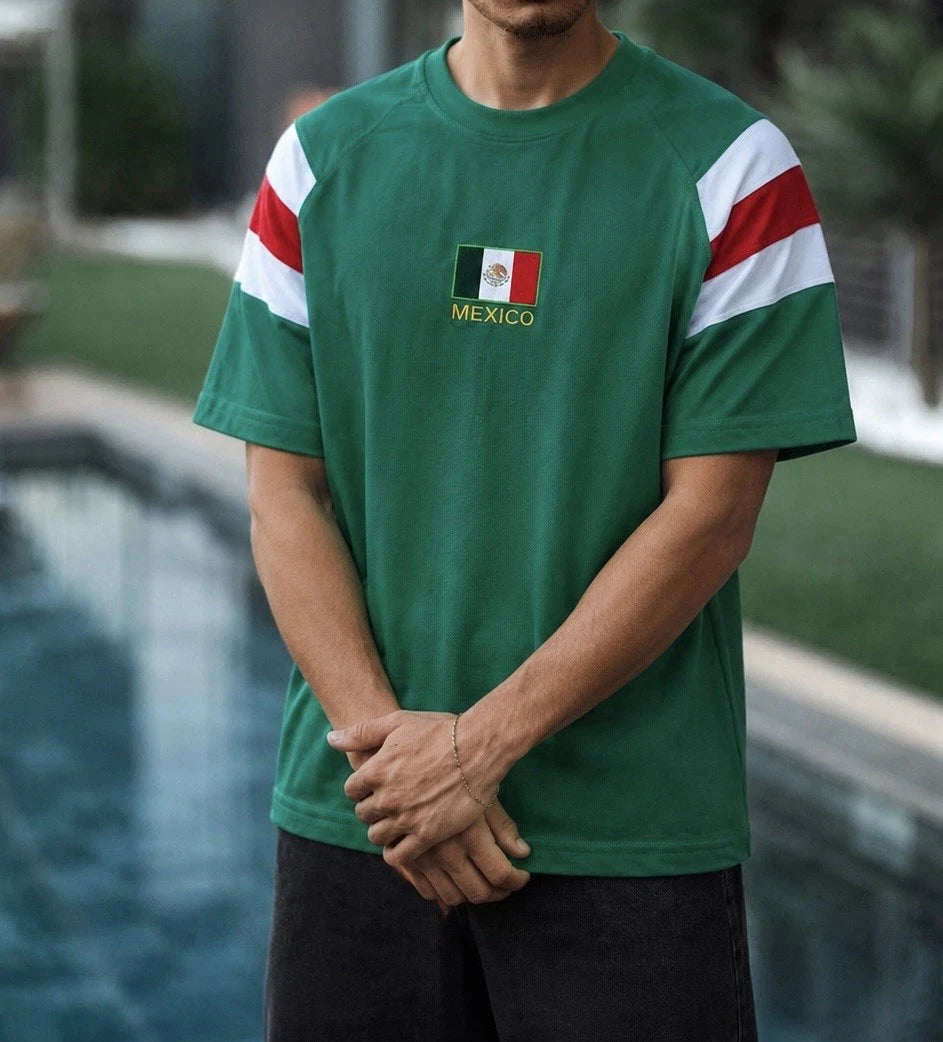 Vintage Mexico Flag Embroidered Oversized Football T-Shirt, Retro Soccer Streetw