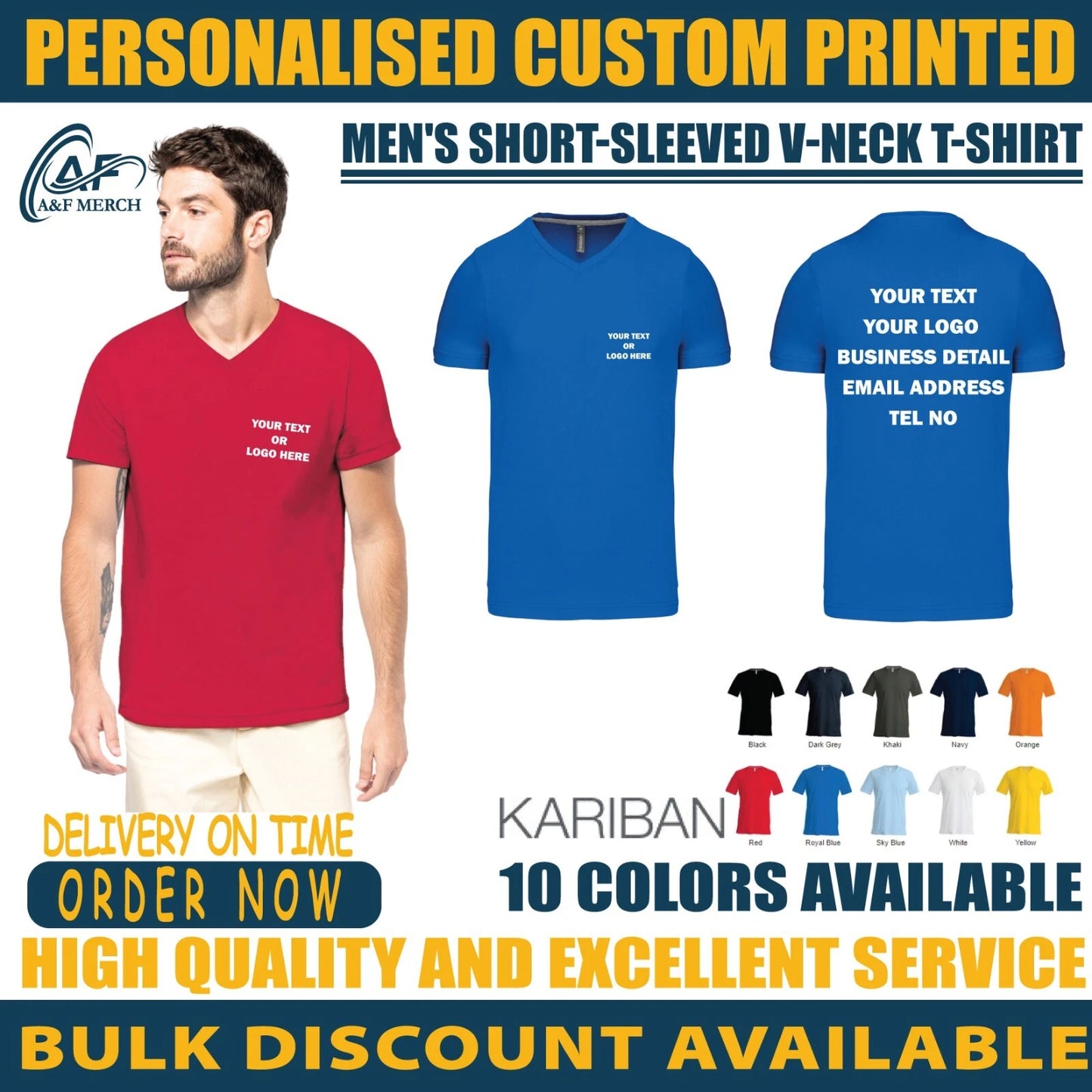 Personalised Custom Kariban Men's Short-Sleeved V-neck T-Shirt 100% Cotton KB357