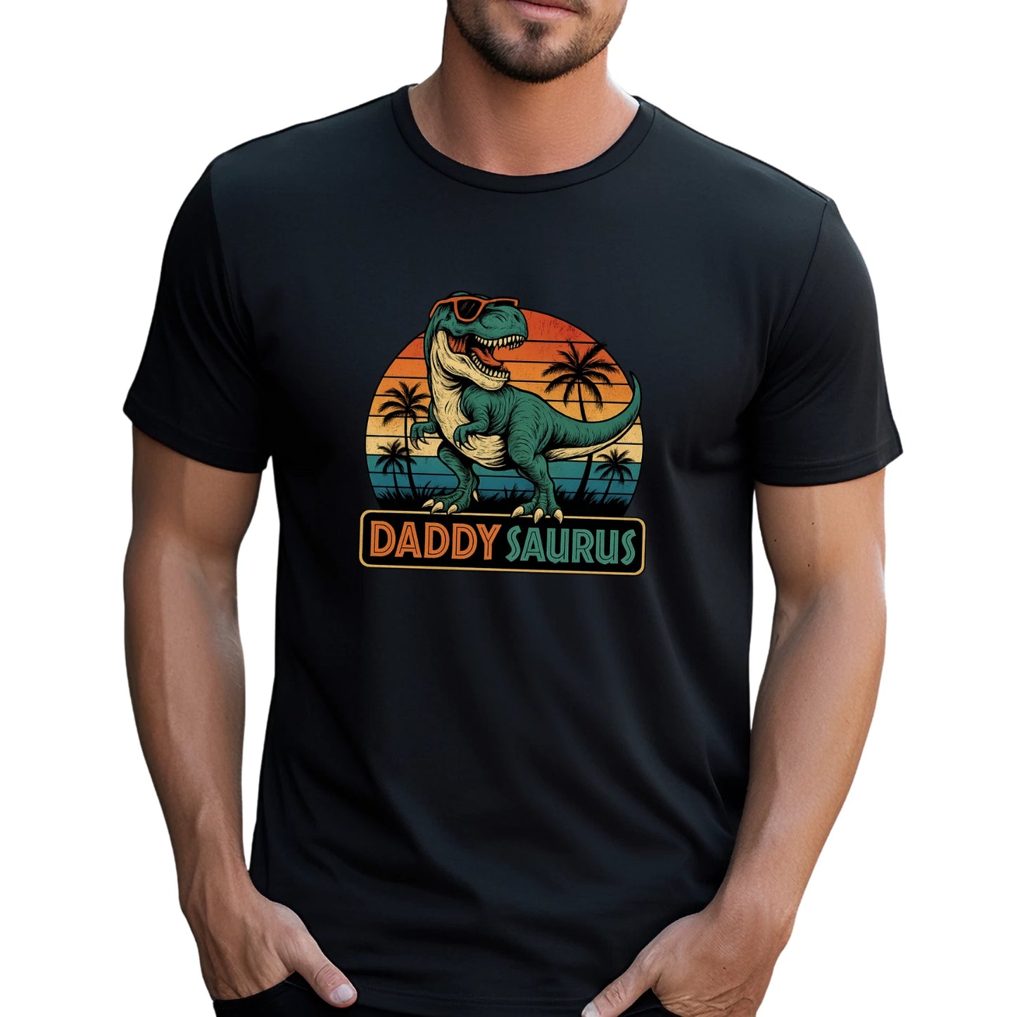 Mens Daddy Saurus Cotton T-Shirt Funny Dinosaur Dad Tee XS-5XL Retro Black