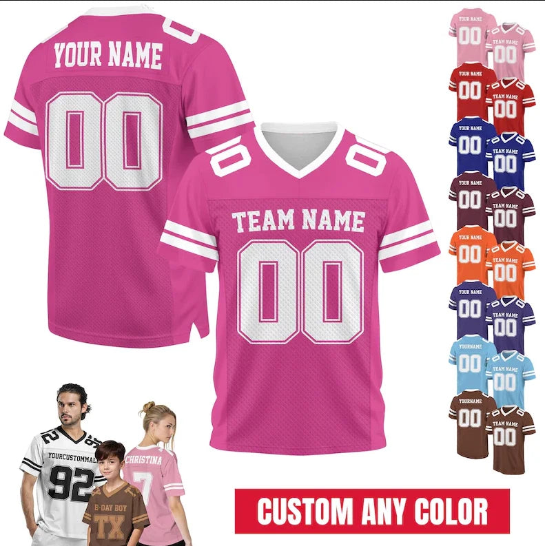 Custom Football Jersey Personalized Name Number Mesh V Neck Pink Unisex