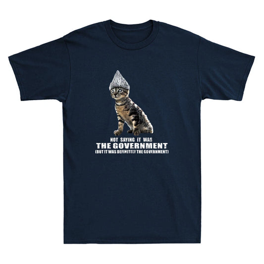 Government Conspiracy Funny Tin Foil Hat Cat Meme Quote Vintage Men's T-Shirt