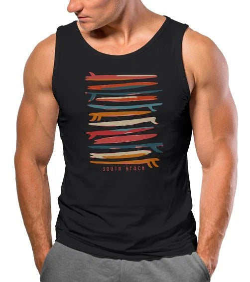 Men's Tank Top Surfboards South Beach California USA Summer Surfing Motif