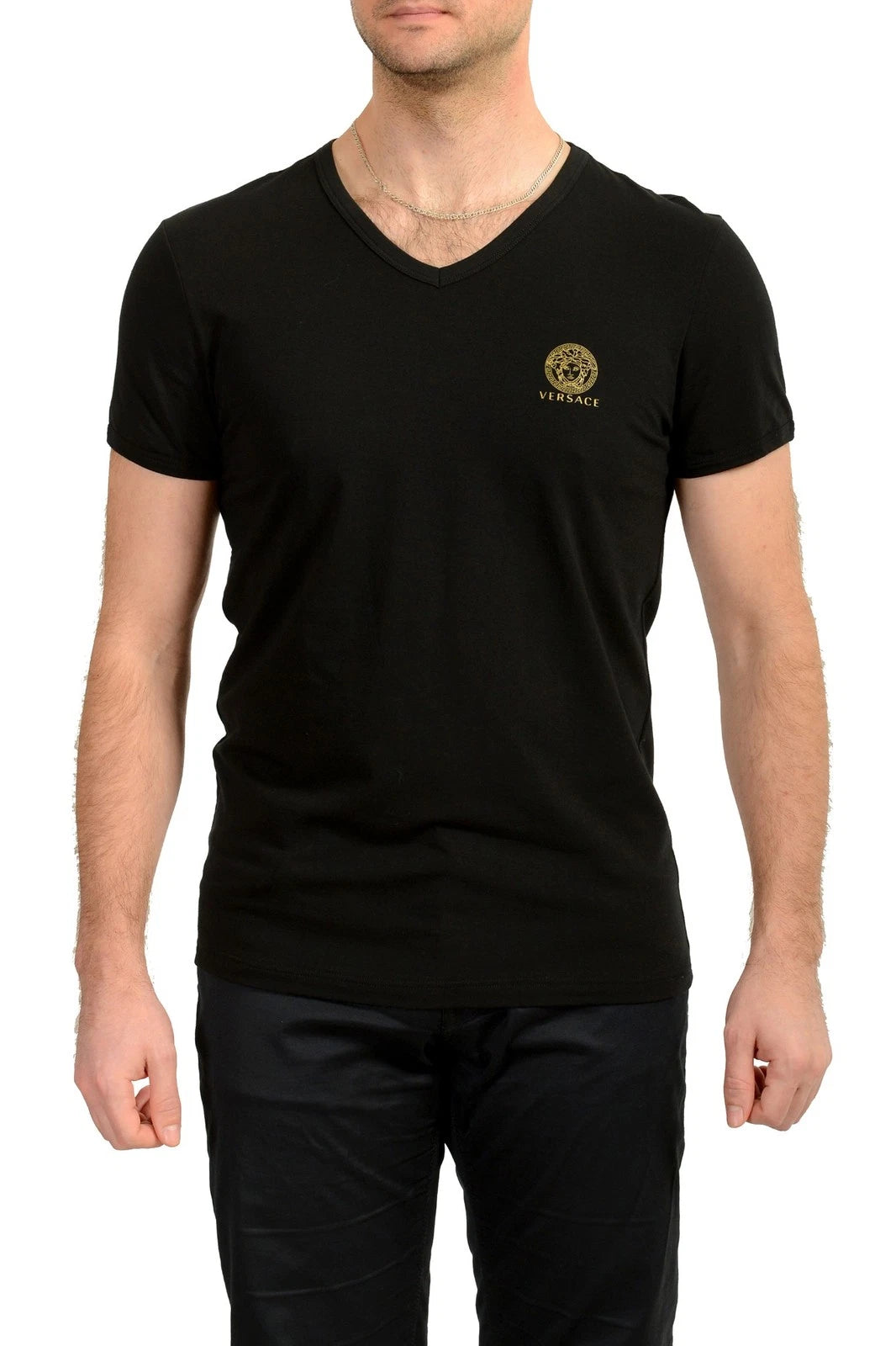 Versace Men's Gold Medusa Print Black V-Neck T-Shirt Versace sz 6 US L IT 52