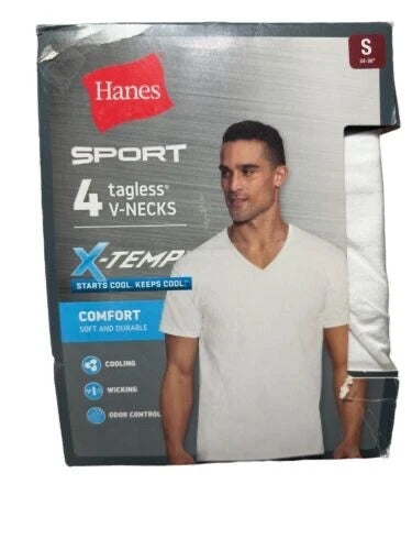 Hanes Mens Sport 4 Tagless V Neck White T-Shirts X-Temp Comfort Sz S 34-36" NEW