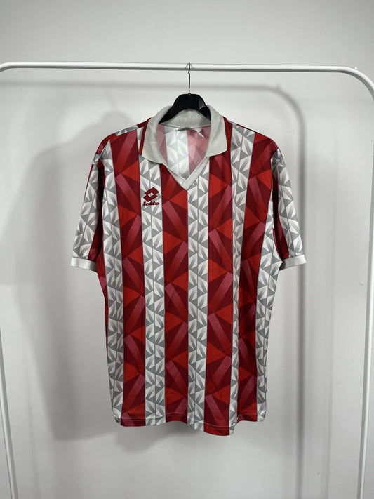 Vintage Lotto Calcio Jersey Geometric Football Shirt Red White Gray 90s XL