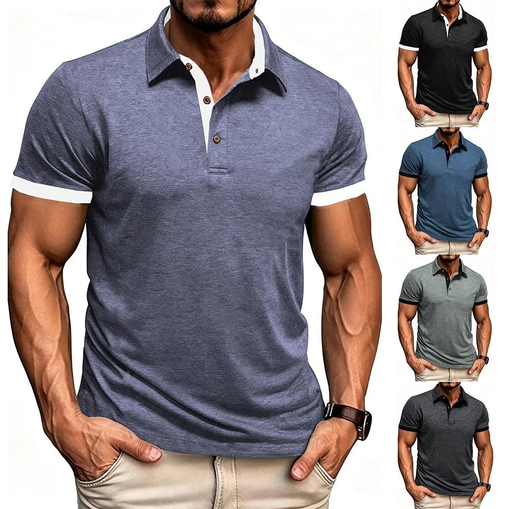 Polyester Spandex Slim Fit Men T-Shirt Short Sleeve Lapel Collar Breathable Top